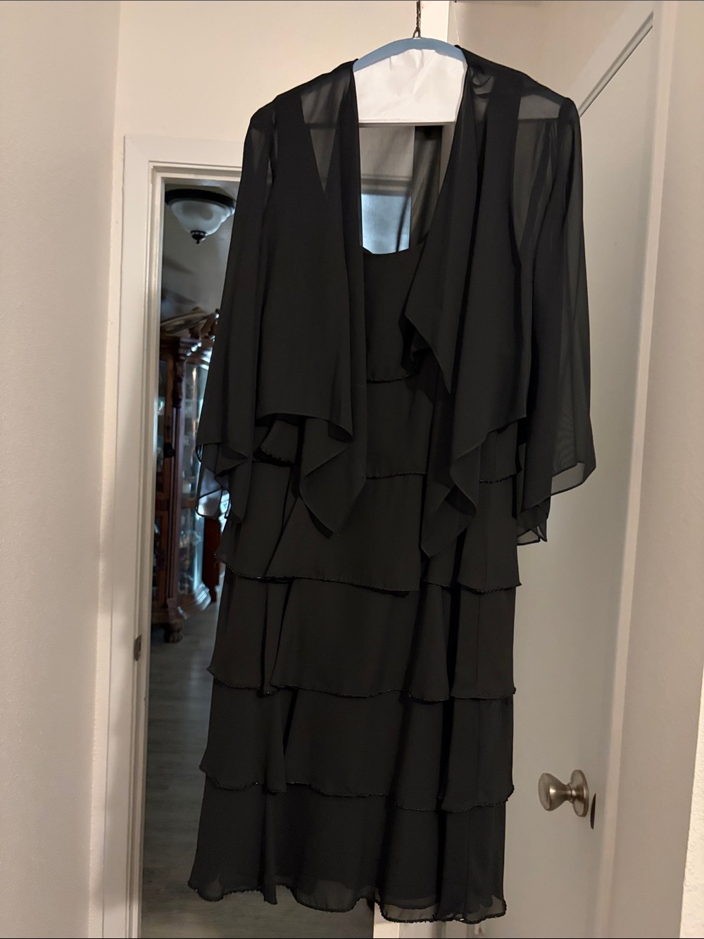 Petra Fashions Black Tiered Chiffon Midi with Draped Cape